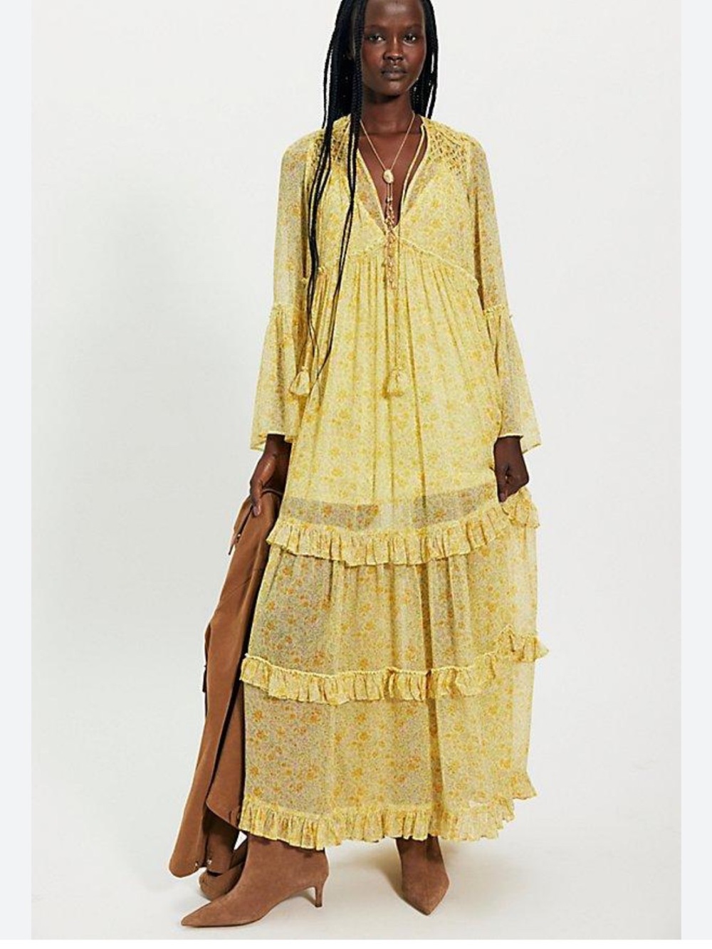 FREE PEOPLE‎ Weeping Willows Maxi Dress Yellow Floral Boho Maxi Dress